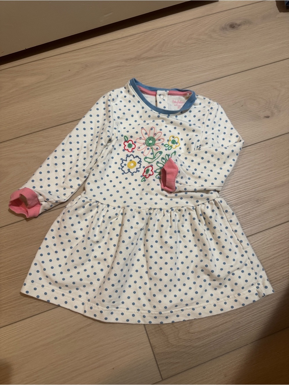 GAP White Polka Dot Dress with Blue, Pink and Multicolor Floral Embroidery